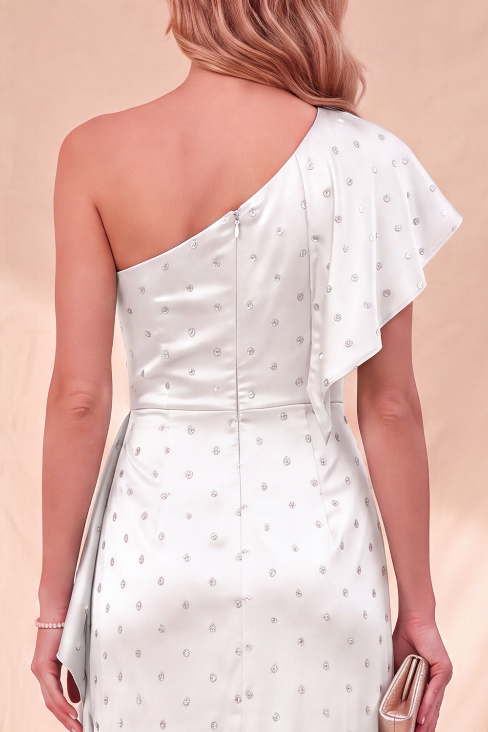 White Sparkly Satin Beaded Ruffled Maxi Wedding Guest Dress with Sleeve
