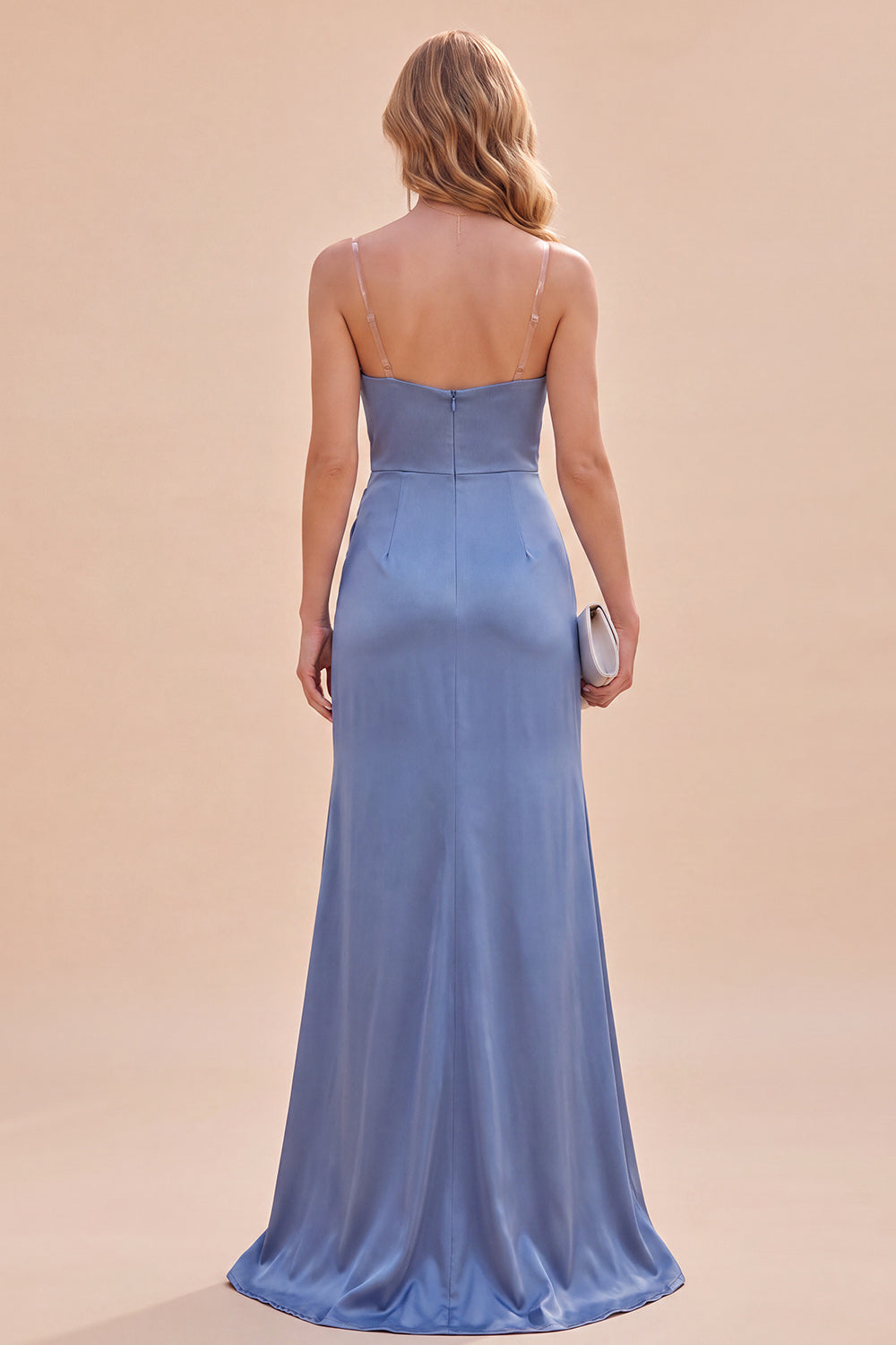 Slate Blue Mermaid Ruched Satin Long Wedding Guest Dress with Slit