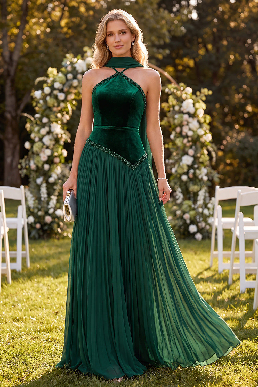 Dark Green A Line Pleated Velvet Long Beach Wedding Guest Dress with Neck Scarf
