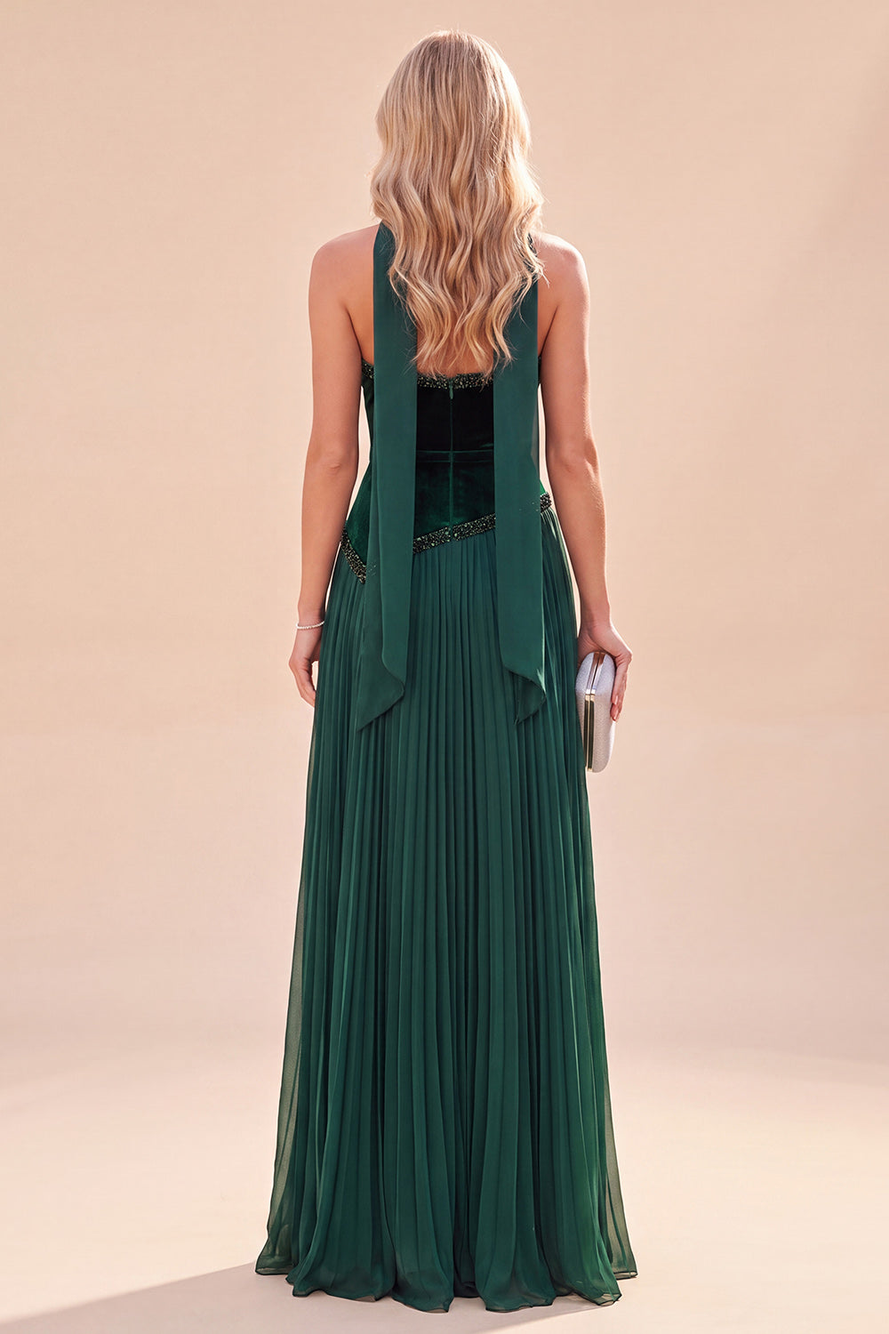 Dark Green A Line Pleated Velvet Long Beach Wedding Guest Dress with Neck Scarf