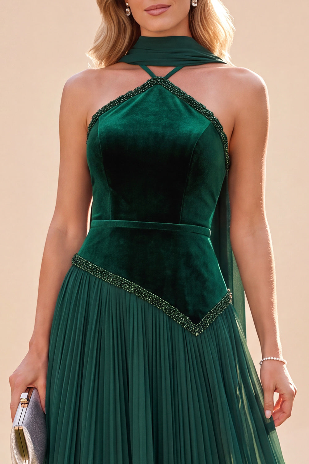 Dark Green A Line Pleated Velvet Long Beach Wedding Guest Dress with Neck Scarf