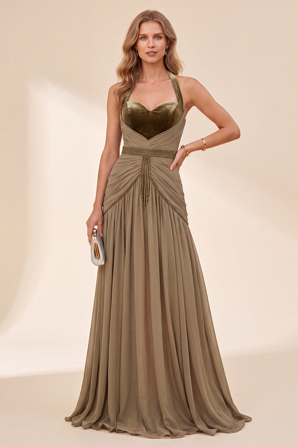 A Line Sparkly Khaki Pleated Beaded Halter Long Beach Wedding Guest Dress