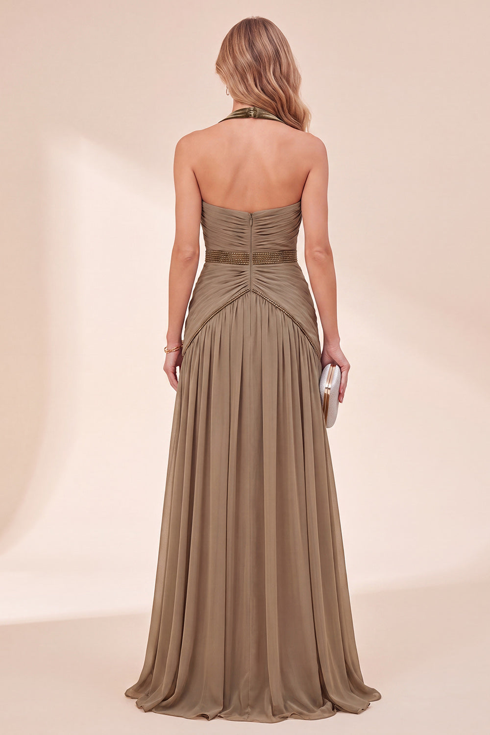 A Line Sparkly Khaki Pleated Beaded Halter Long Beach Wedding Guest Dress