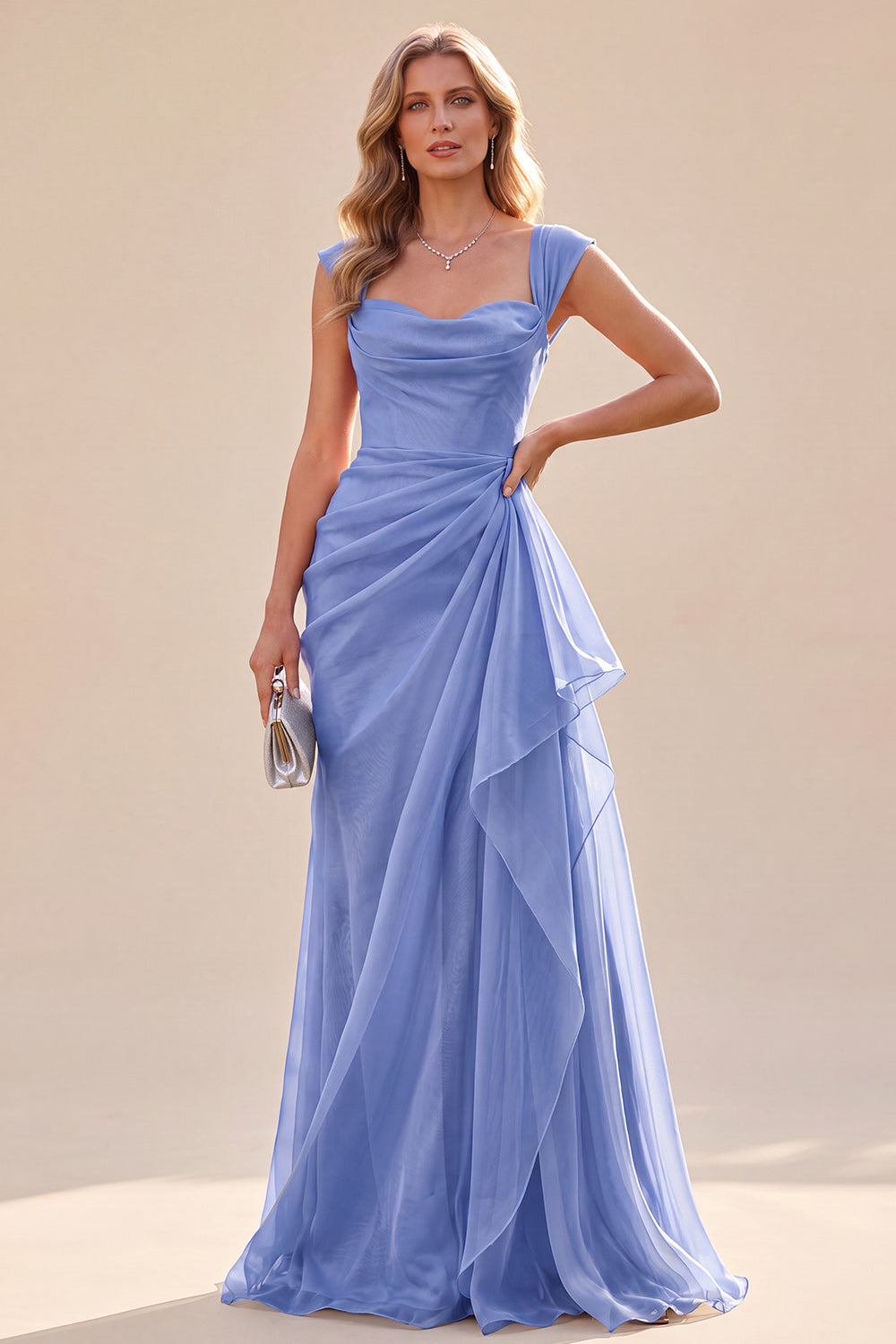 Blue A Line Ruched Cap Sleeves Ruffled Long Wedding Guest Dress