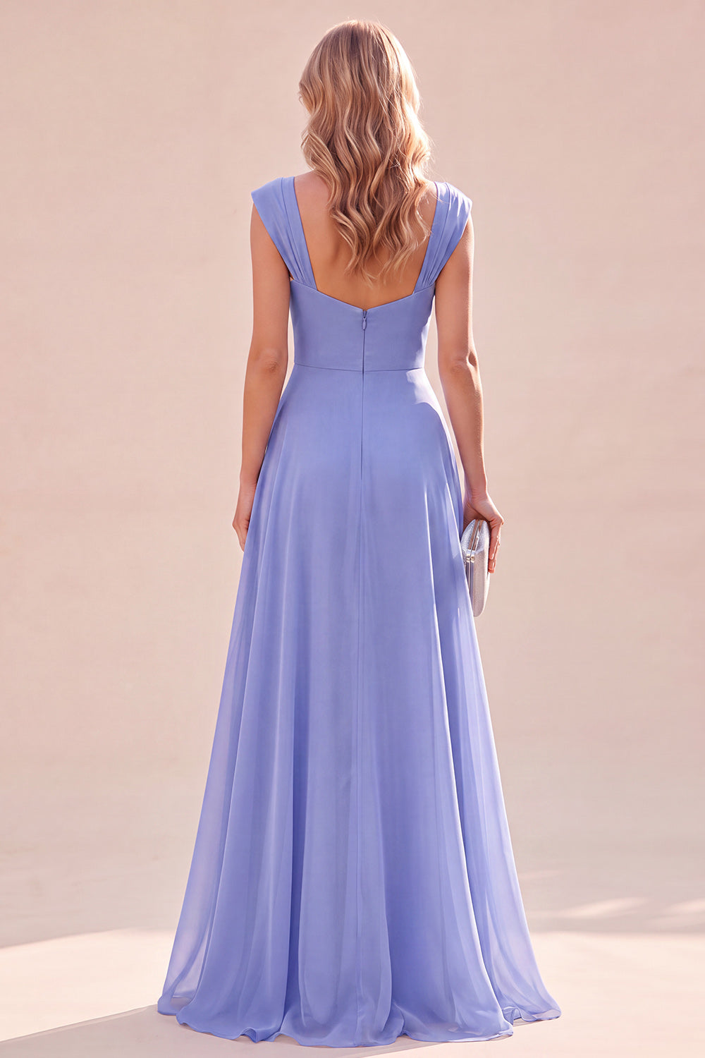 Blue A Line Ruched Cap Sleeves Ruffled Long Wedding Guest Dress
