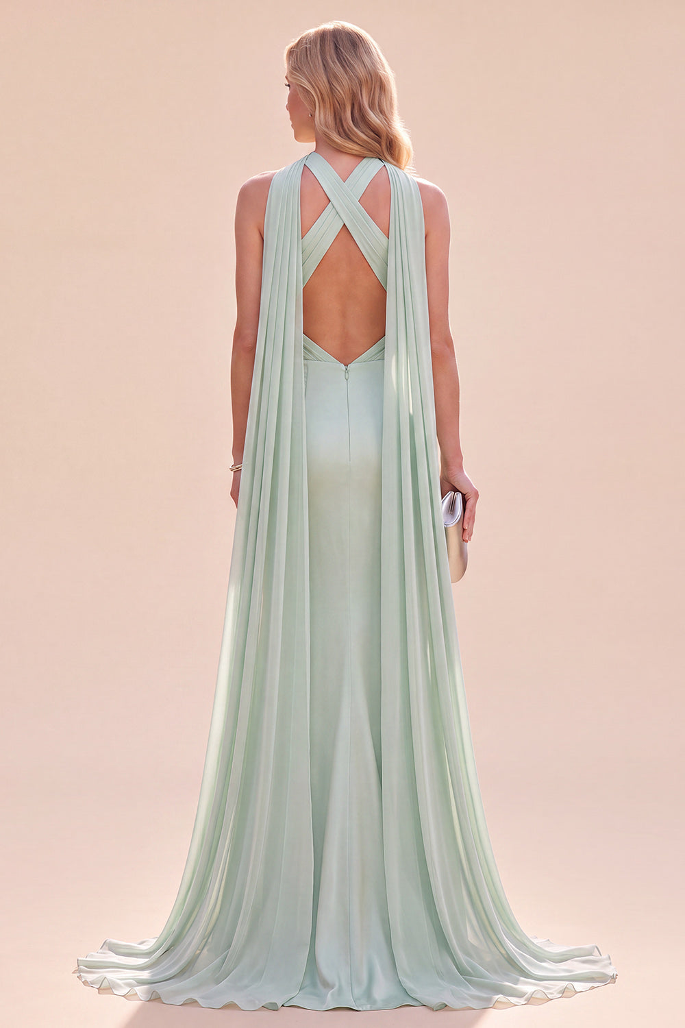 Mint Green Halter Mermaid Long Wedding Guest Dress with Neck Scarf