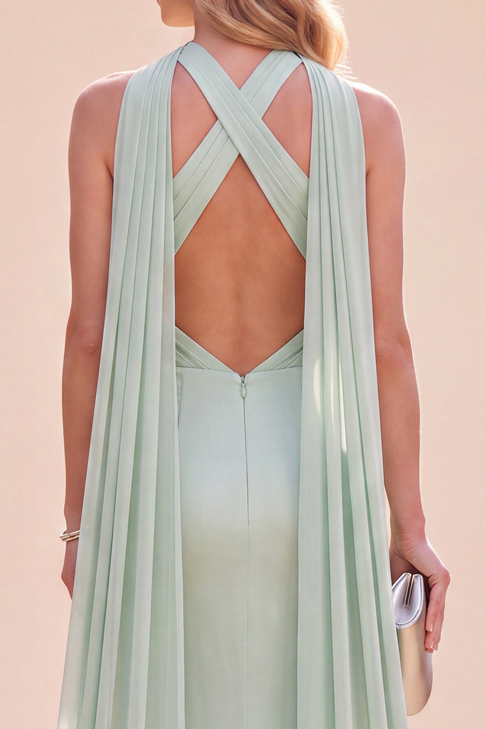 Mint Green Halter Mermaid Long Wedding Guest Dress with Neck Scarf