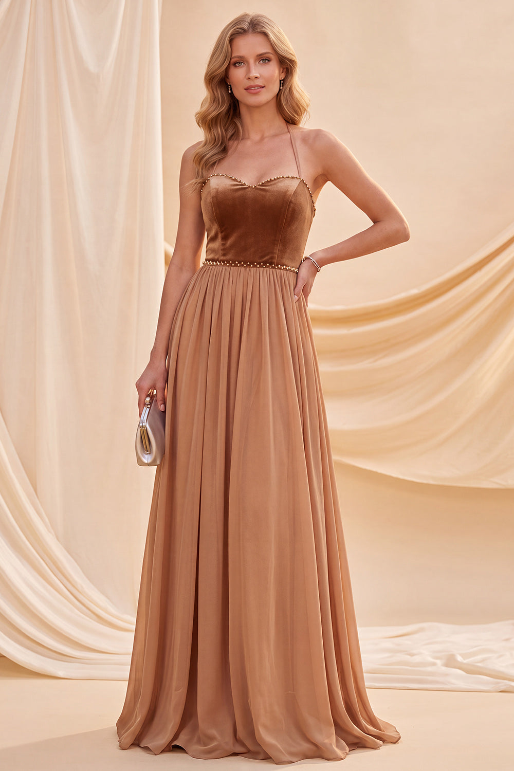 Khaki Sparkly A Line Halter Beaded Ruched Long Beach Wedding Guest Dress