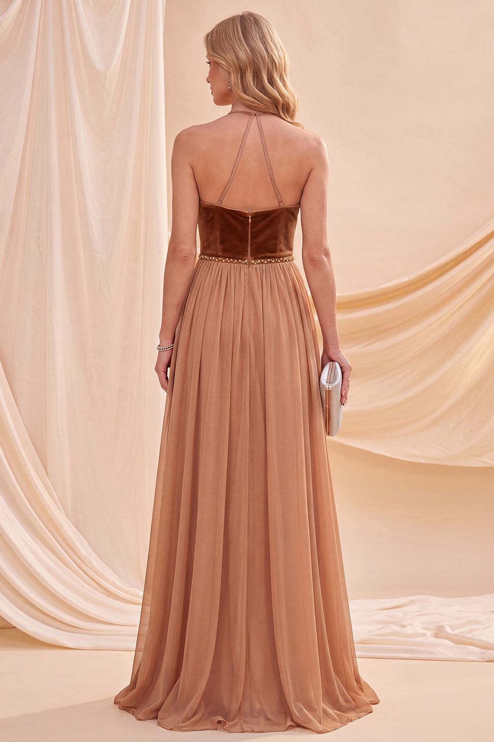 Khaki Sparkly A Line Halter Beaded Ruched Long Beach Wedding Guest Dress