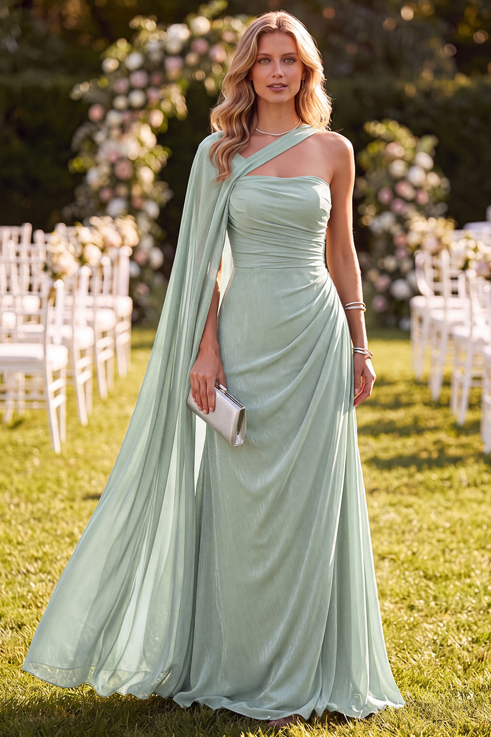 Mint Green Ruched Long One Shoulder Beach Wedding Guest Dress with Side Cape