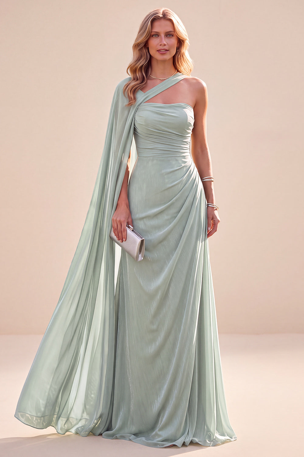Mint Green Ruched Long One Shoulder Beach Wedding Guest Dress with Side Cape