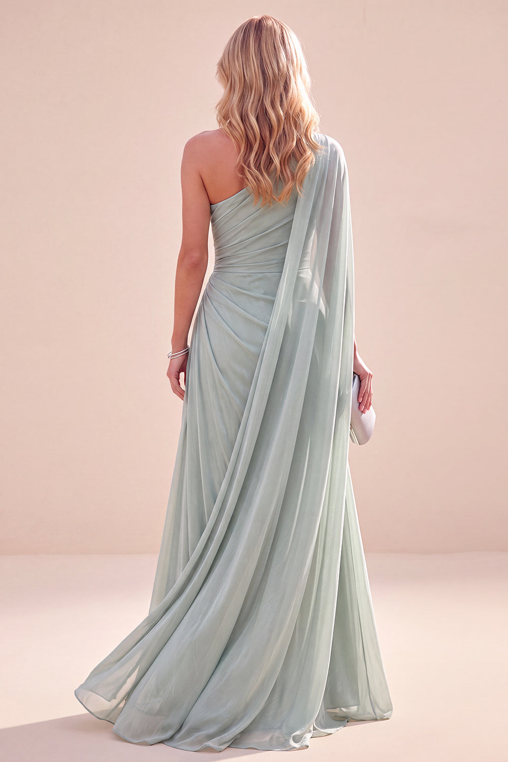 Mint Green Ruched Long One Shoulder Beach Wedding Guest Dress with Side Cape