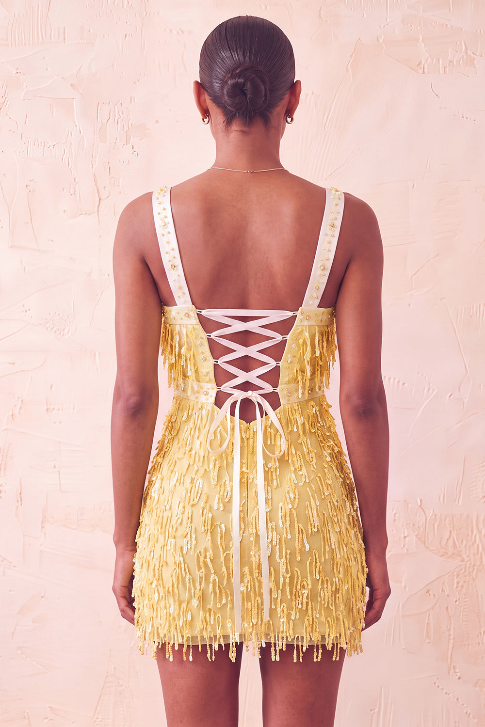 Yellow Fringed Thick Straps Short Tight Cocktail Dress with Beading