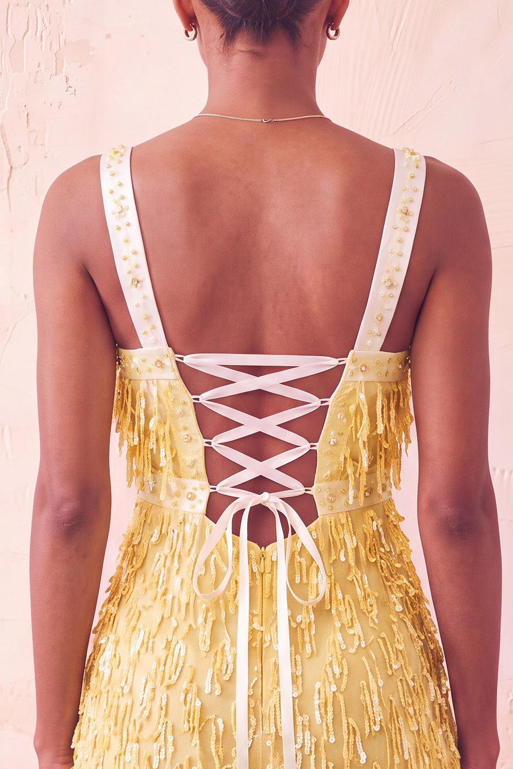 Yellow Fringed Thick Straps Short Tight Cocktail Dress with Beading