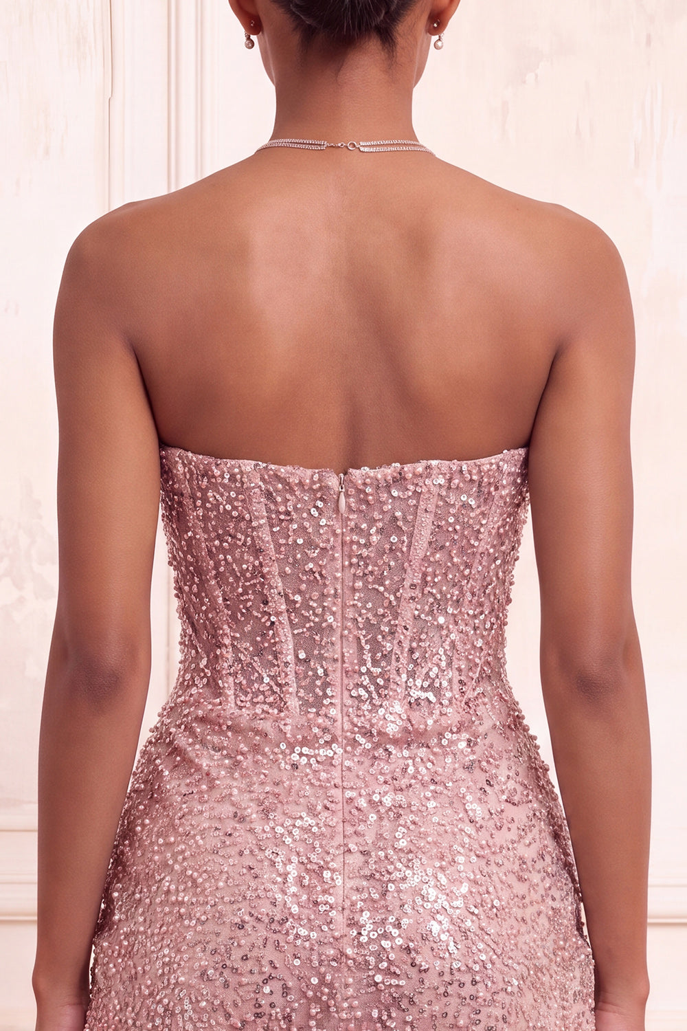 Sparkly Pink Sequin Tight Ruched Short Corset Cocktail Dress
