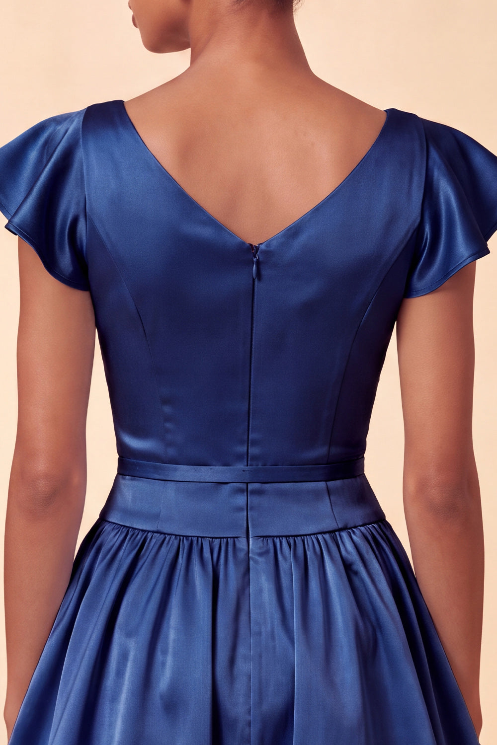 Navy Satin A-Line Cap Sleeves Short Cocktail Dress with Bow