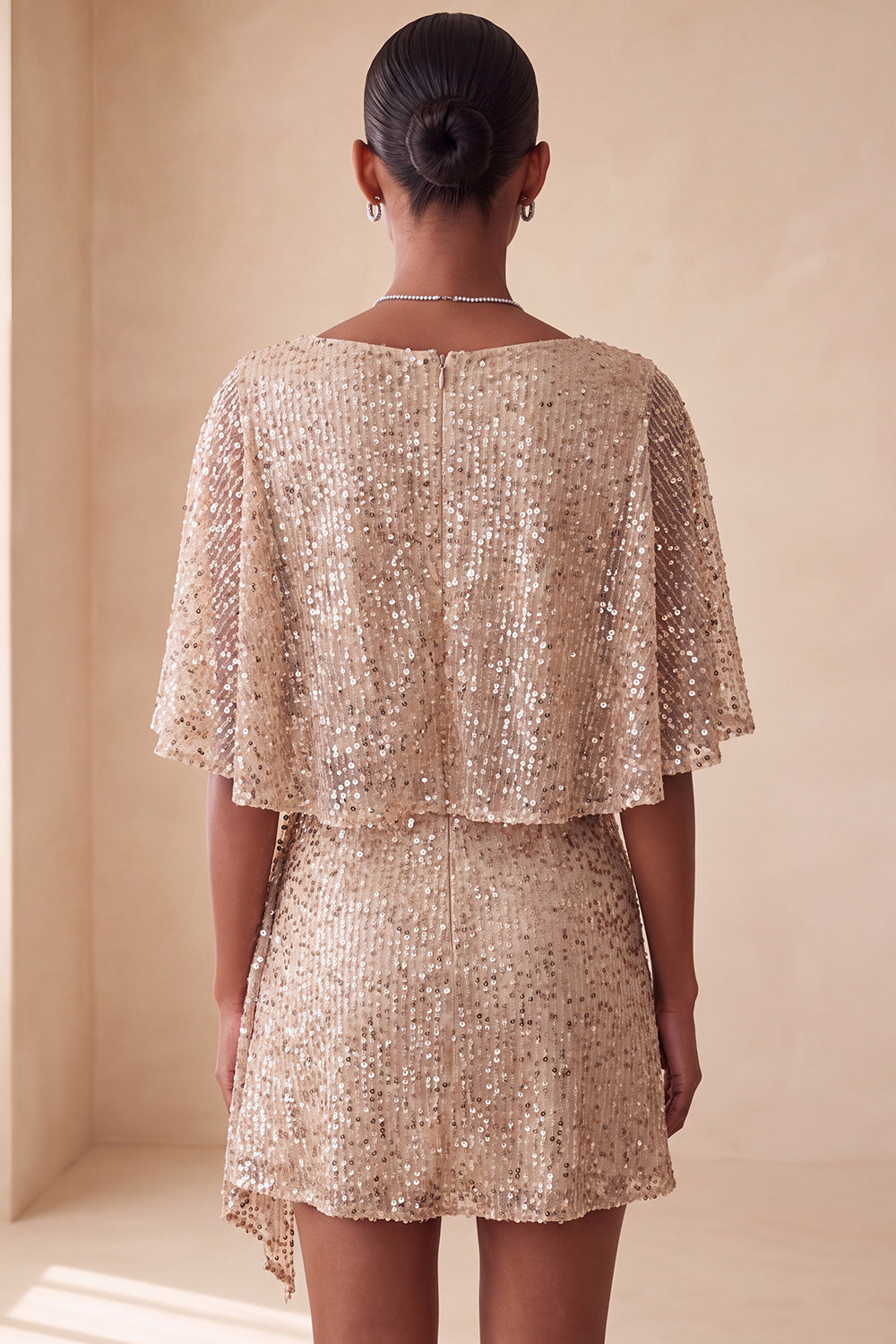 Sparkly Champagne Tight Ruched Short Sequin Cocktail Dress with Cape
