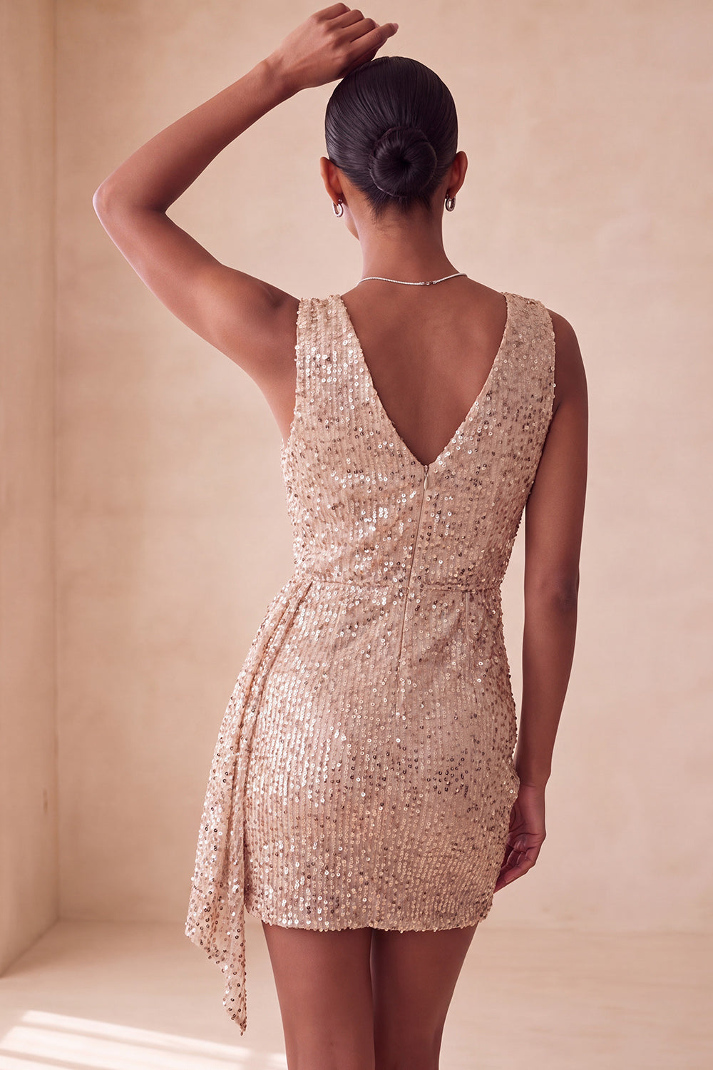 Sparkly Champagne Tight Ruched Short Sequin Cocktail Dress with Cape