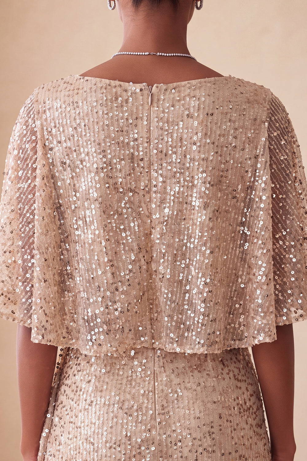Sparkly Champagne Tight Ruched Short Sequin Cocktail Dress with Cape