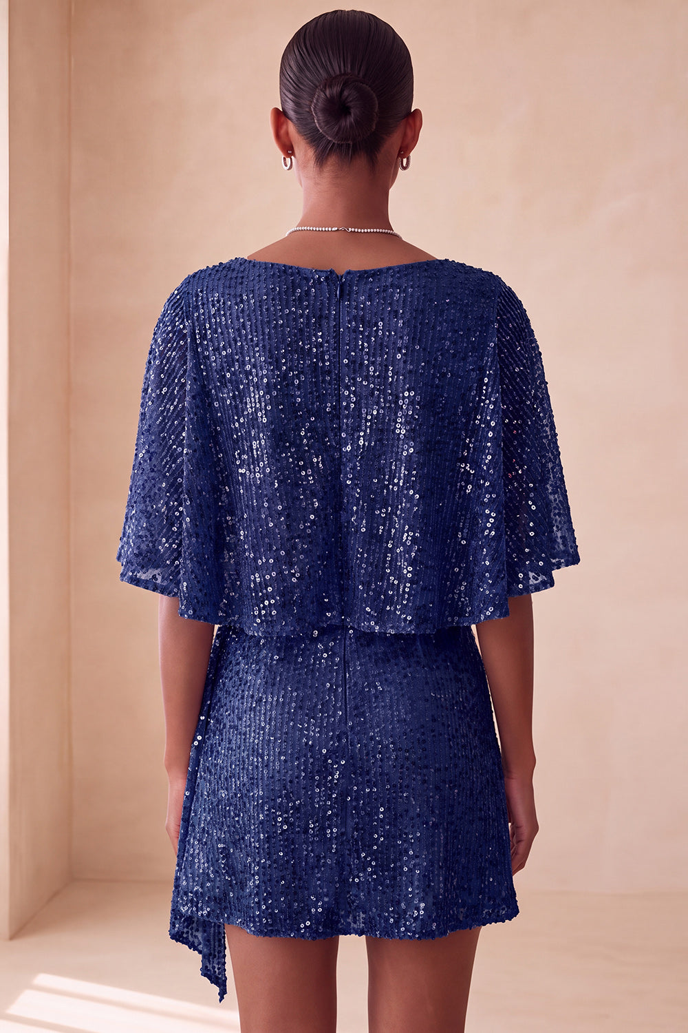 Sparkly Champagne Tight Ruched Short Sequin Cocktail Dress with Cape