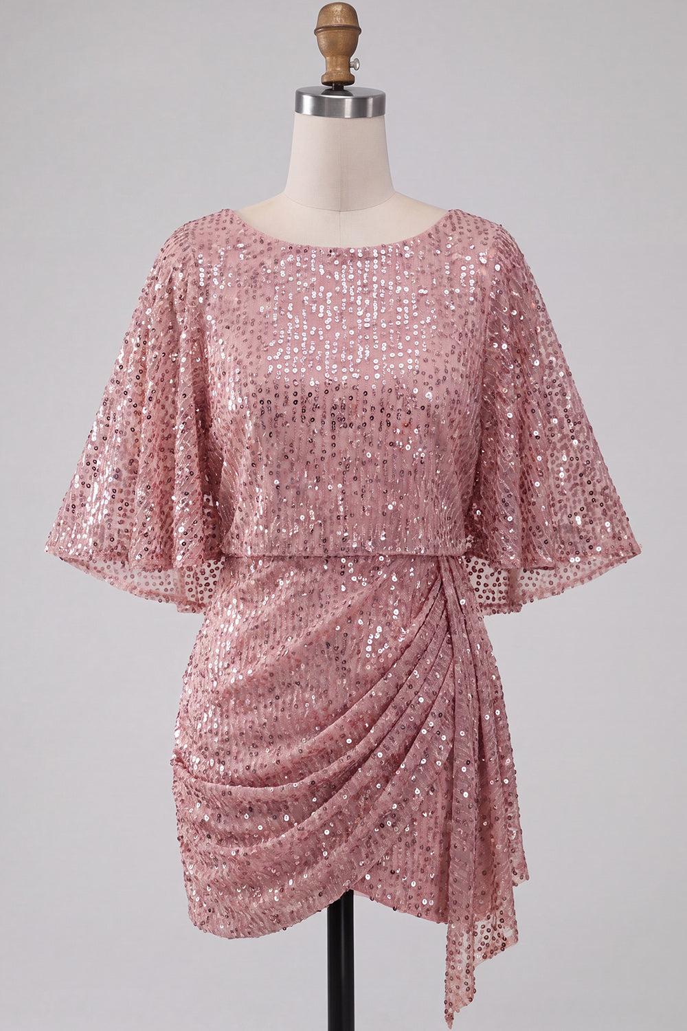 Sparkly Champagne Tight Ruched Short Sequin Cocktail Dress with Cape