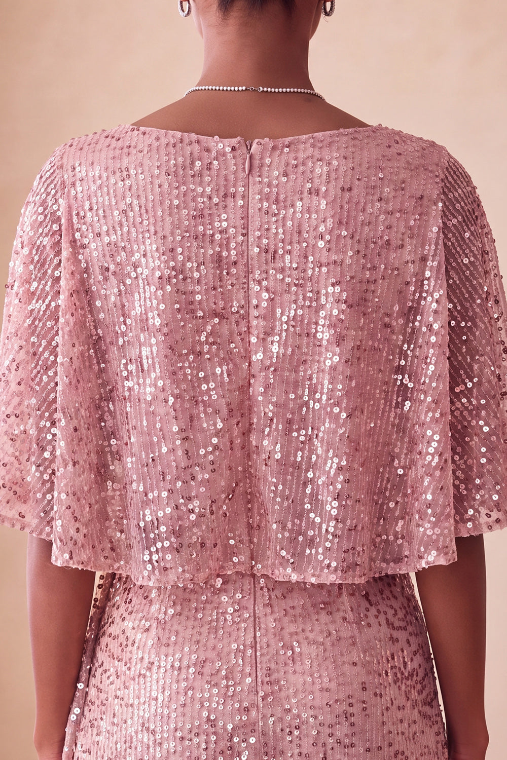 Sparkly Champagne Tight Ruched Short Sequin Cocktail Dress with Cape
