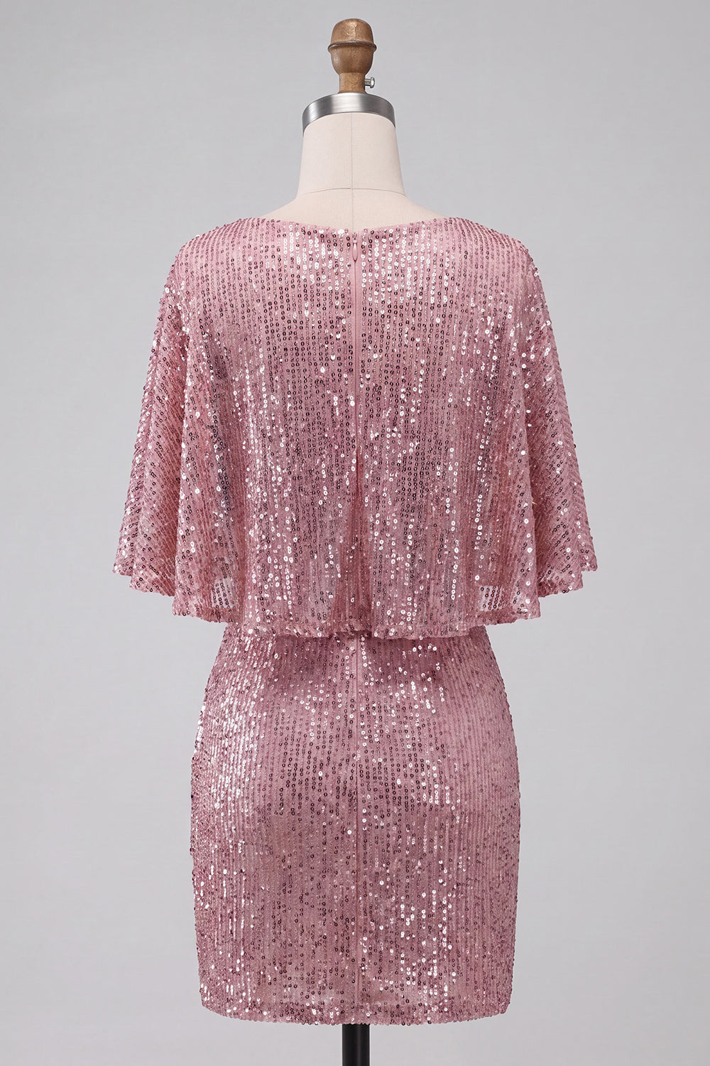 Sparkly Champagne Tight Ruched Short Sequin Cocktail Dress with Cape