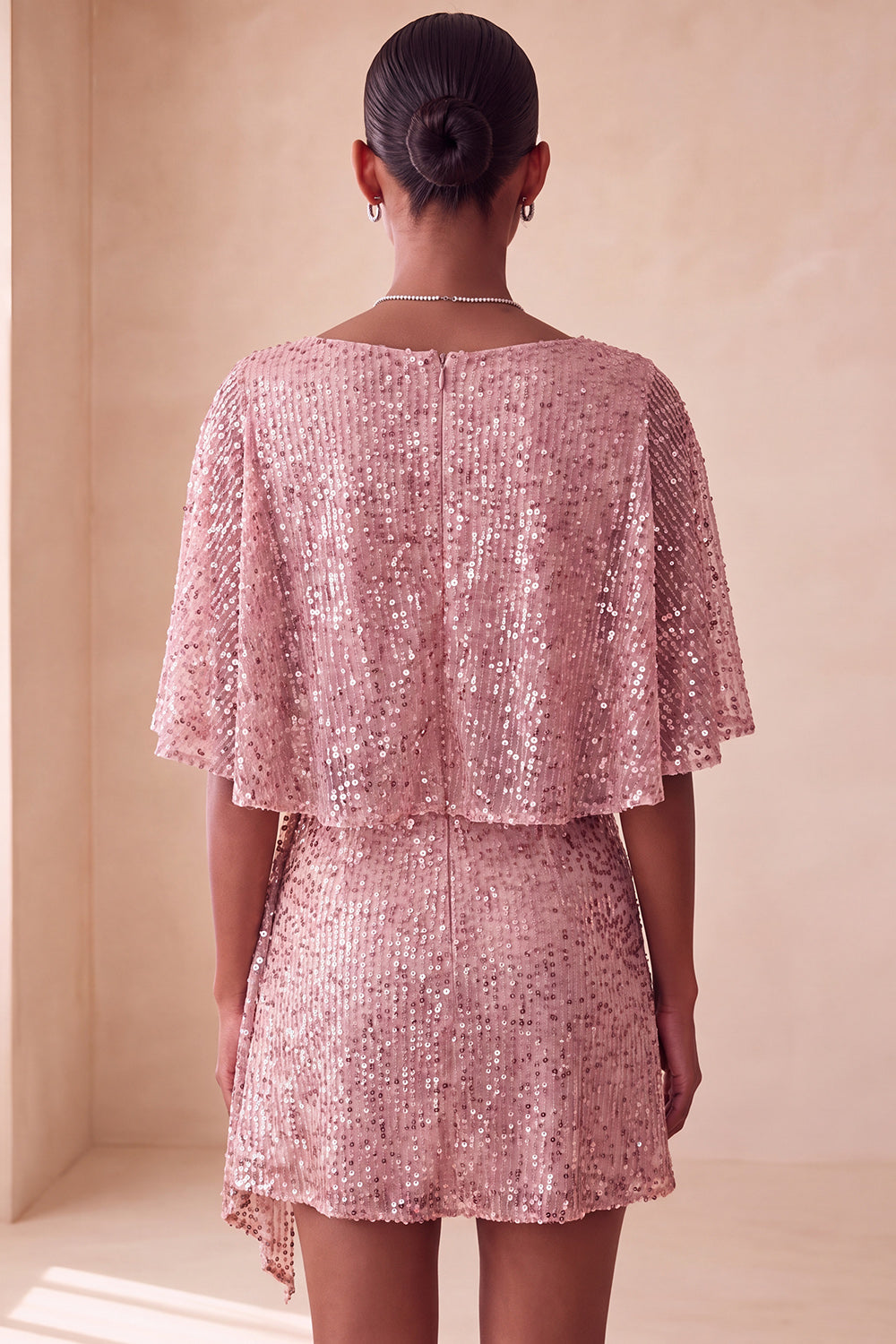Sparkly Champagne Tight Ruched Short Sequin Cocktail Dress with Cape
