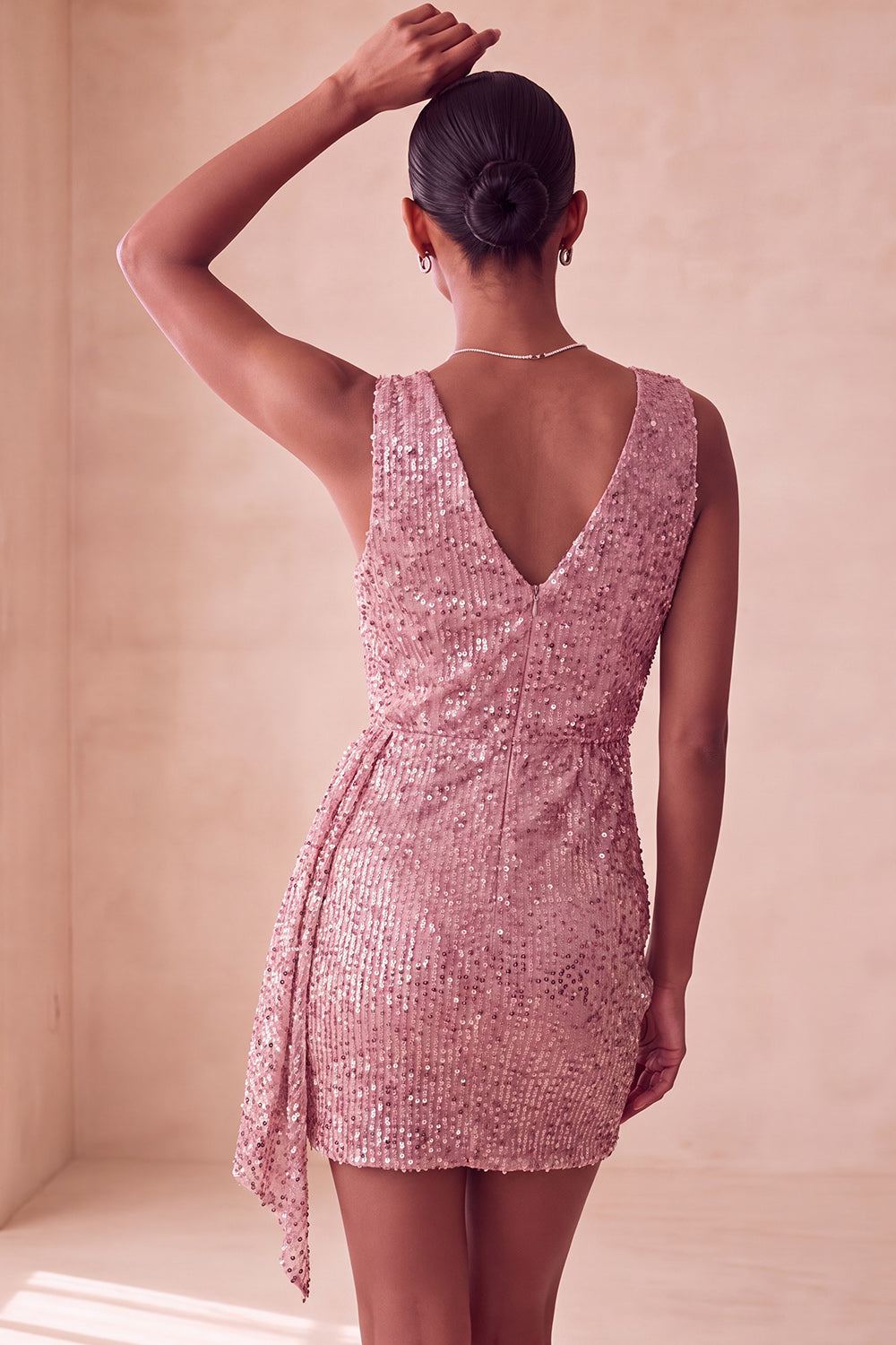 Sparkly Champagne Tight Ruched Short Sequin Cocktail Dress with Cape