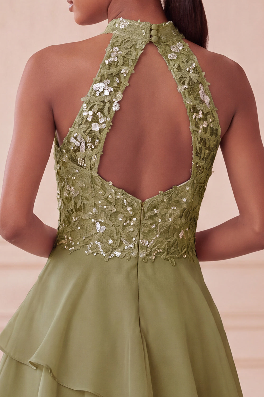 Olive Sequin Halter A Line Tiered Asymmetrical Cocktail Dress