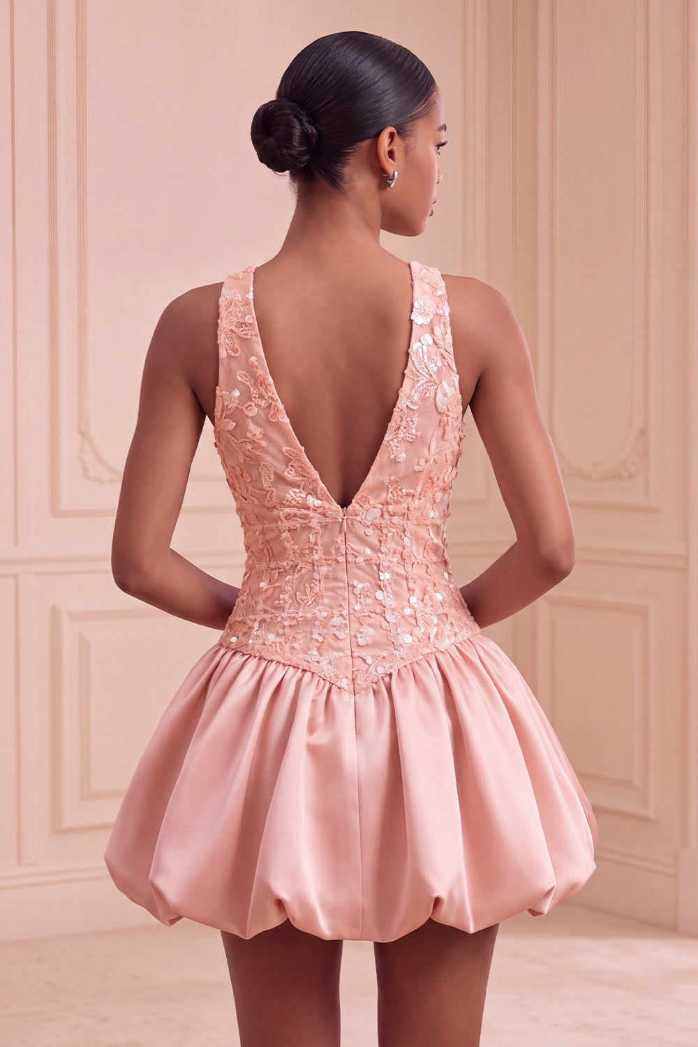 Blush Sequin A-Line V-Neck Appliqued Short Cocktail Dress