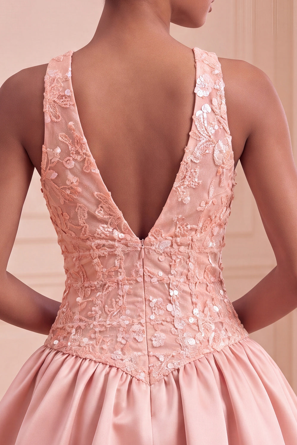 Blush Sequin A-Line V-Neck Appliqued Short Cocktail Dress