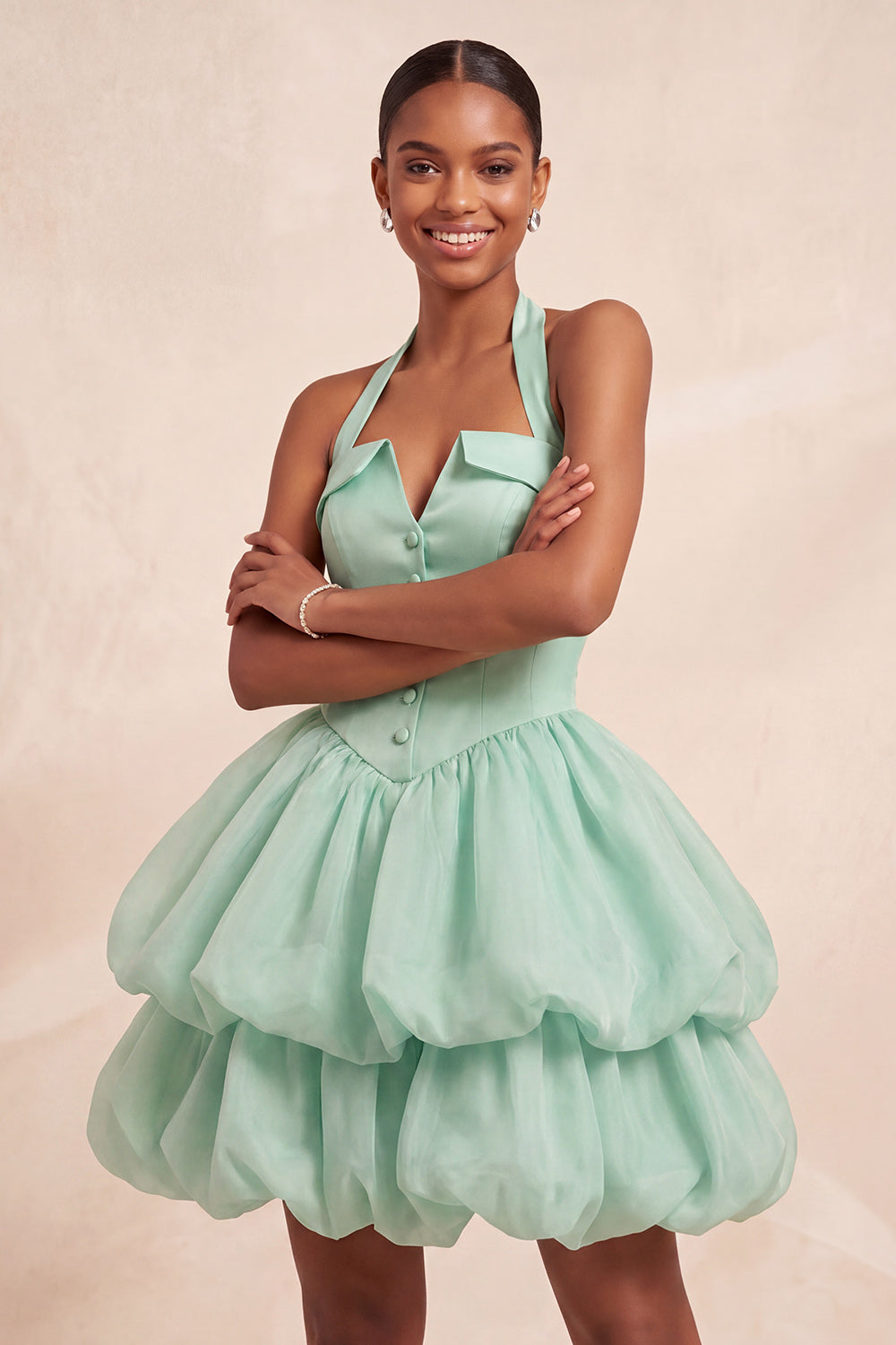 Navy Halter Tiered Short Corset Cocktail Dress with Covered Buttons