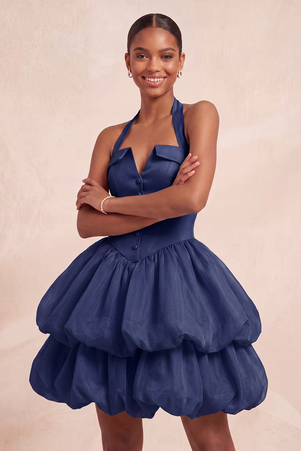 Navy Halter Tiered Short Corset Cocktail Dress with Covered Buttons
