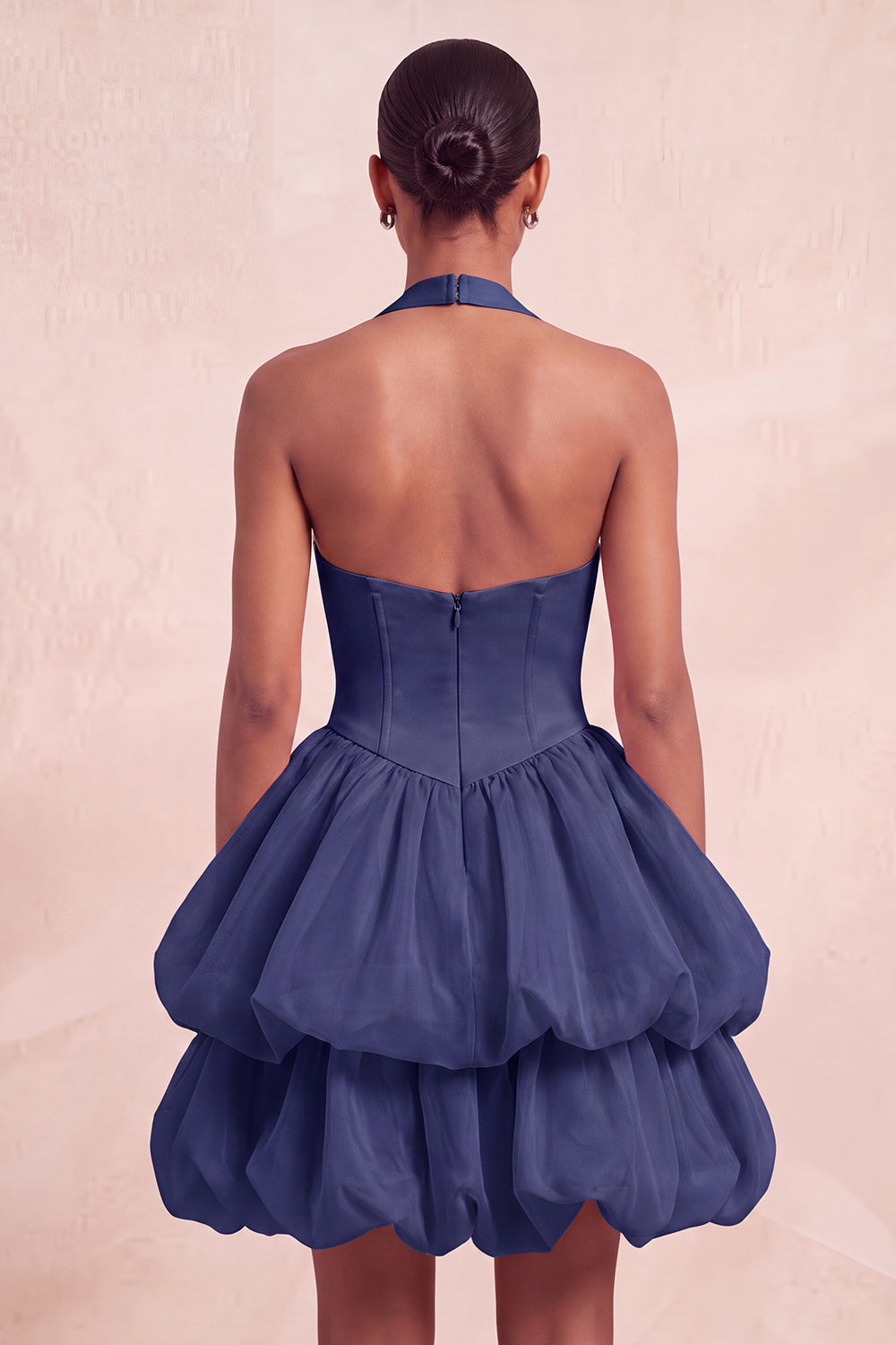 Navy Halter Tiered Short Corset Cocktail Dress with Covered Buttons