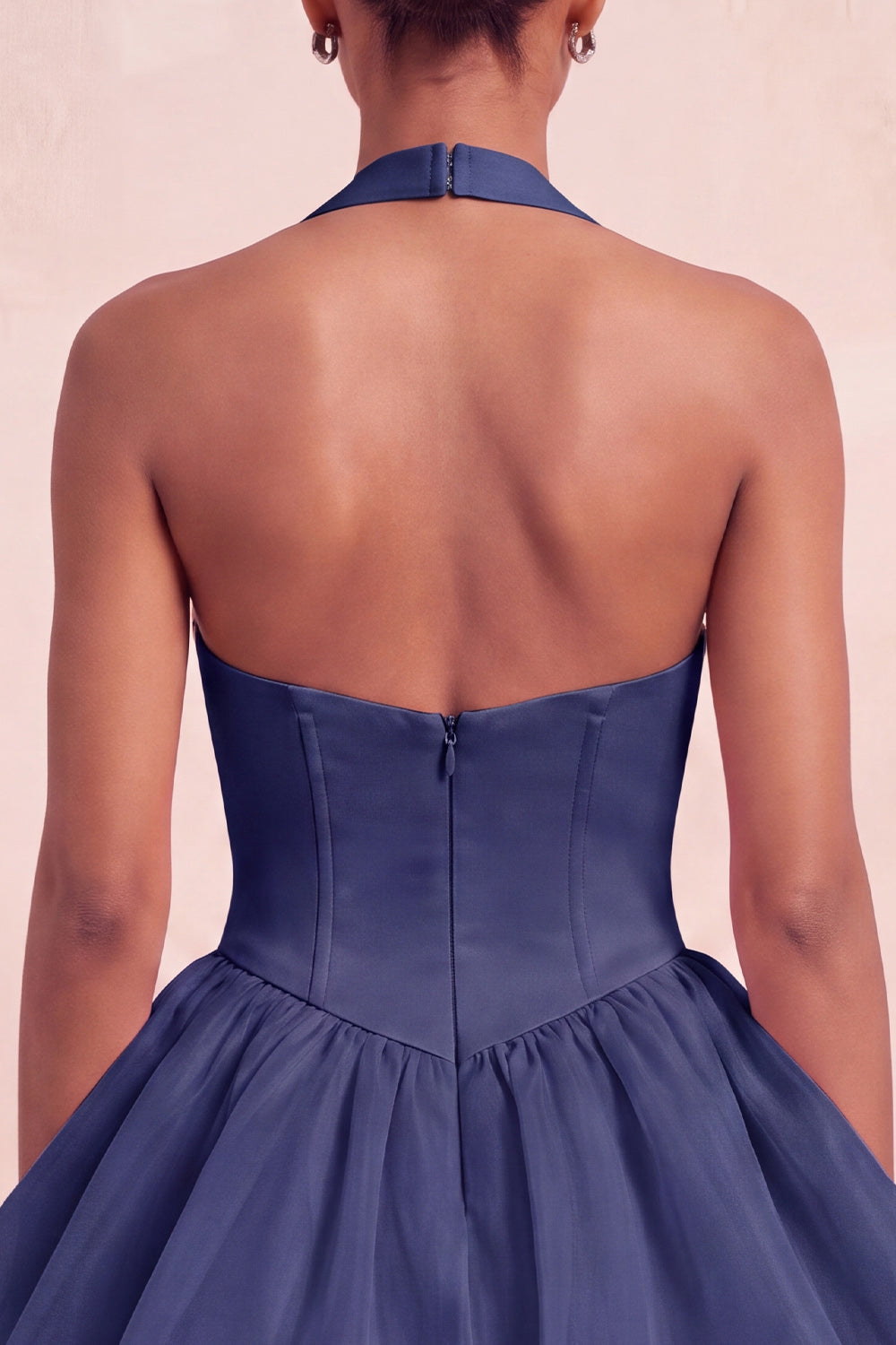 Navy Halter Tiered Short Corset Cocktail Dress with Covered Buttons