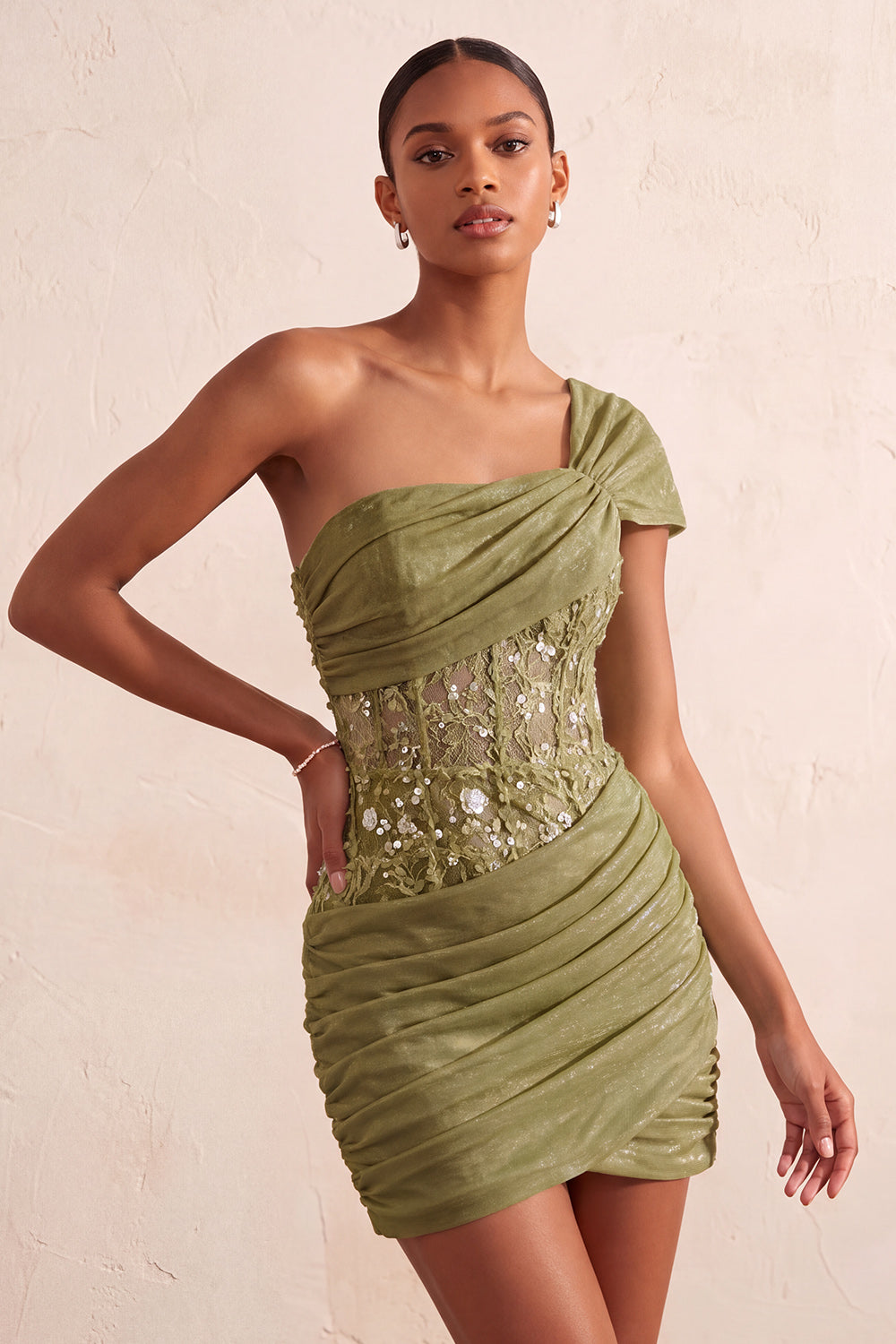 Light Blue Sequin One Shoulder Tight Short Corset Cocktail Dress with Lace
