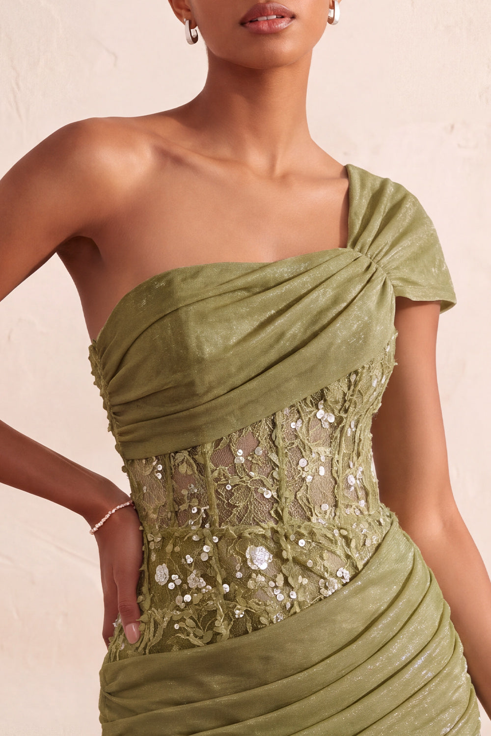 Light Blue Sequin One Shoulder Tight Short Corset Cocktail Dress with Lace