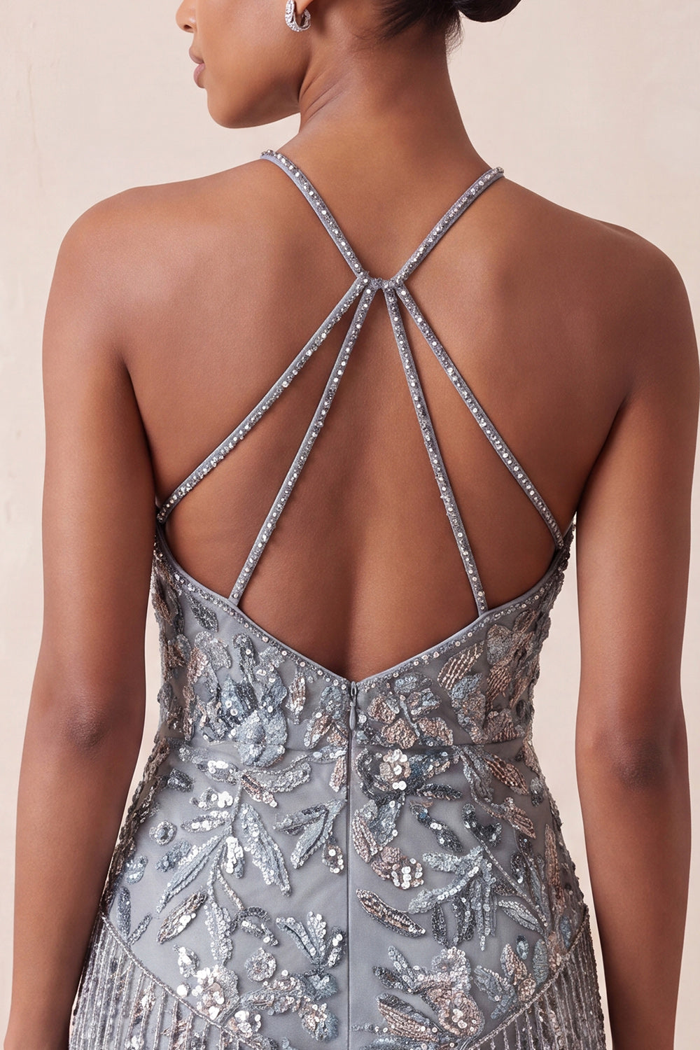 Grey Floral Sparkly Short Beaded Tight Cocktail Dress with Fringes