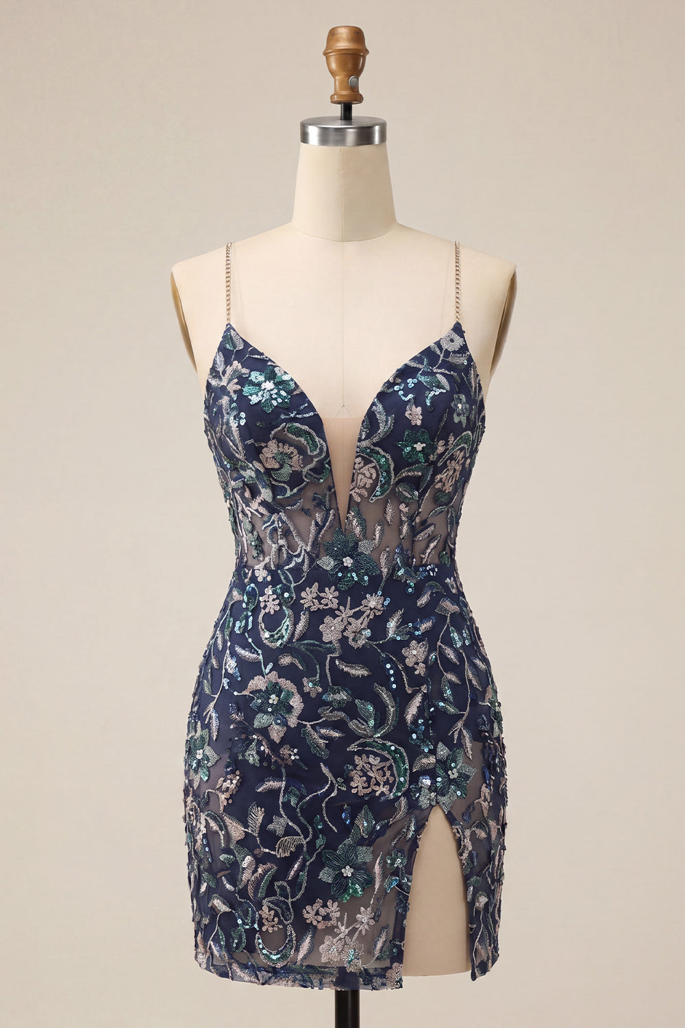 Navy Sparkly Floral Sequins Short Tight Cocktail Dress with Slit