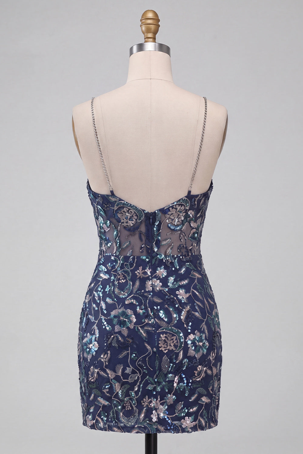 Navy Sparkly Floral Sequins Short Tight Cocktail Dress with Slit
