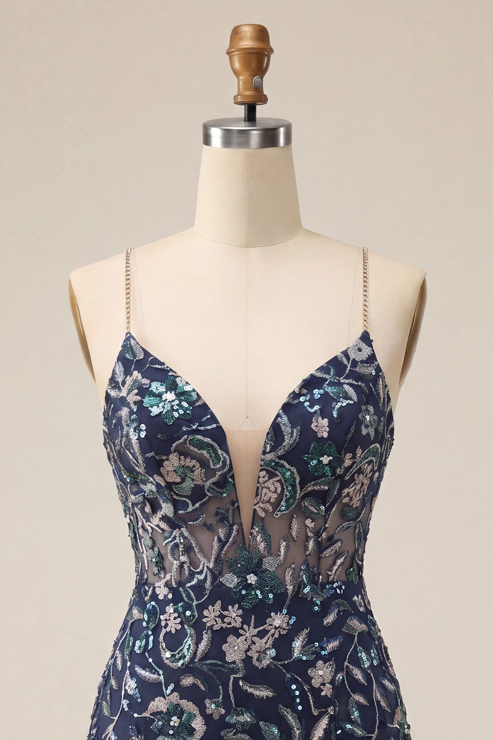Navy Sparkly Floral Sequins Short Tight Cocktail Dress with Slit