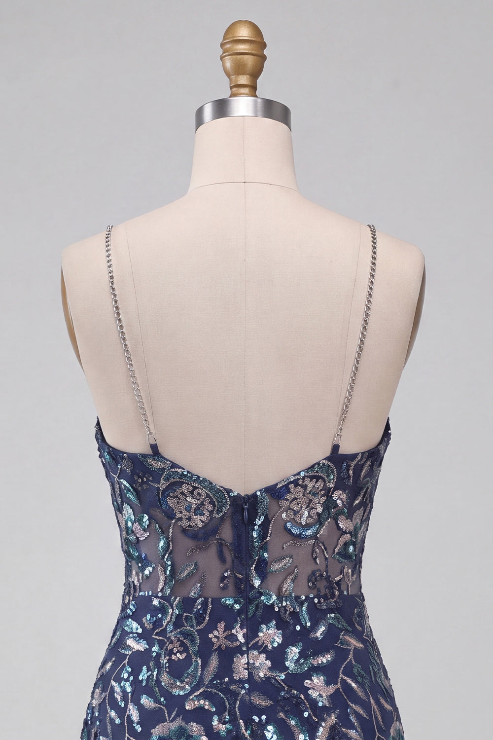Navy Sparkly Floral Sequins Short Tight Cocktail Dress with Slit