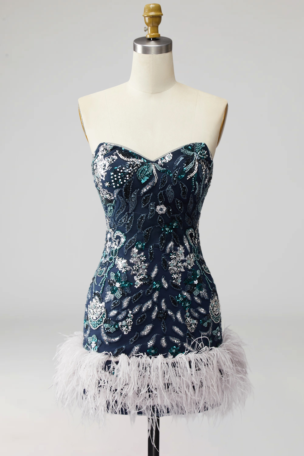 Floral Navy Sparkly Short Tight Beaded Cocktail Dress with Feathers