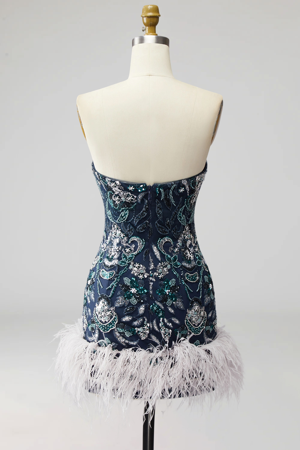 Floral Navy Sparkly Short Tight Beaded Cocktail Dress with Feathers