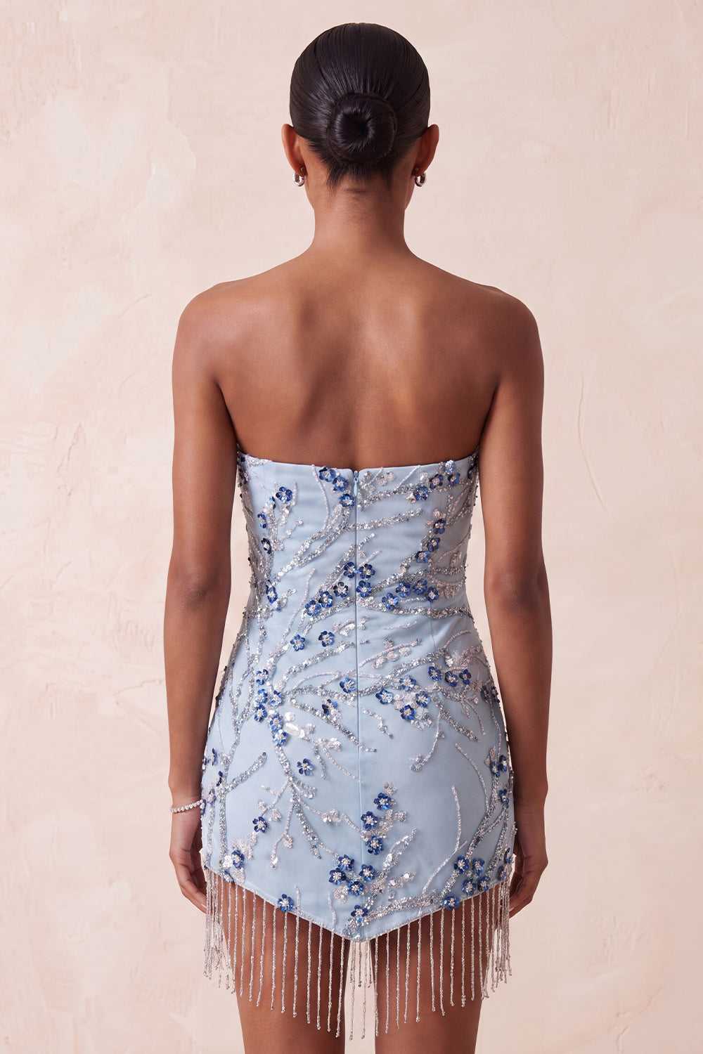 Sparkly Dusty Blue Sequins Floral Tight Short Cocktail Dress with Fringes