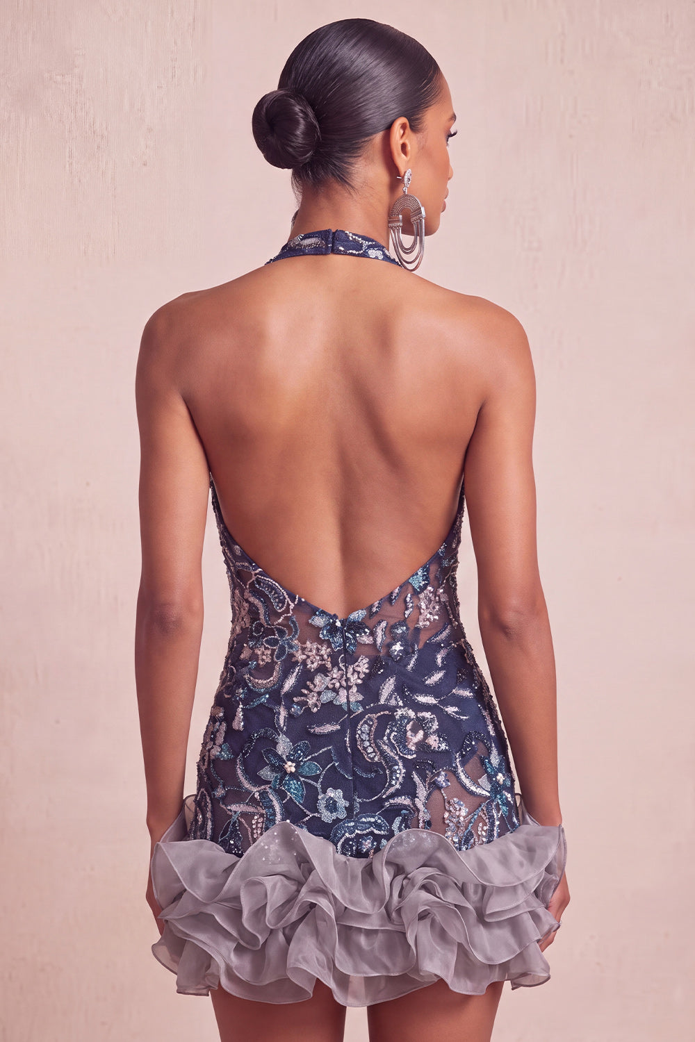 Floral Navy Sparkly Halter Beaded Short Ruffled Tight Cocktail Dress