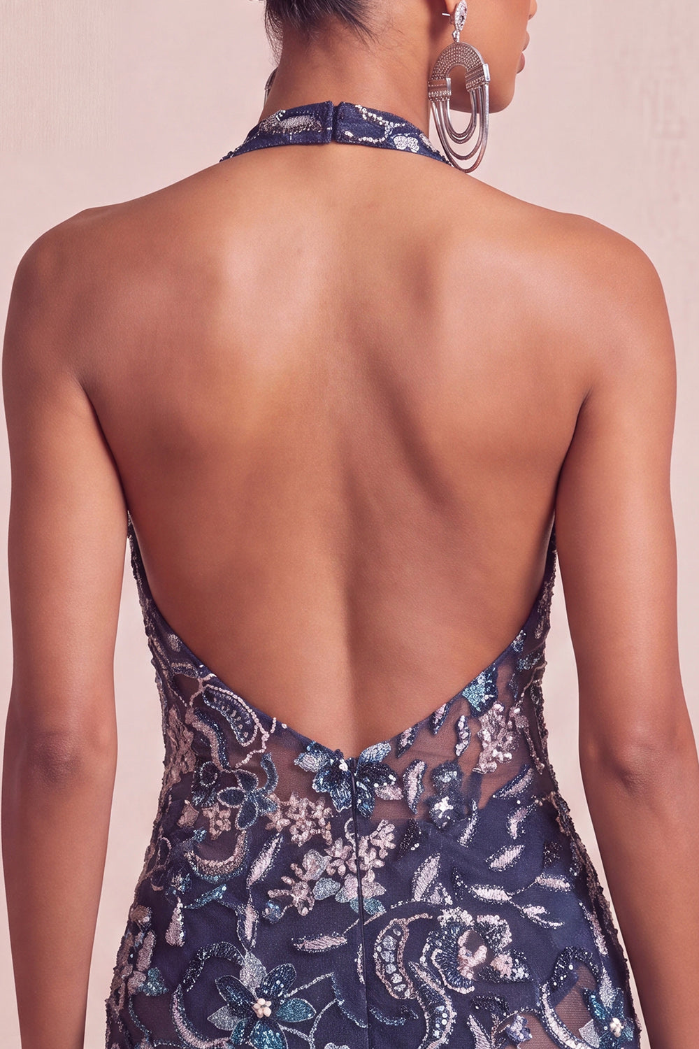 Floral Navy Sparkly Halter Beaded Short Ruffled Tight Cocktail Dress