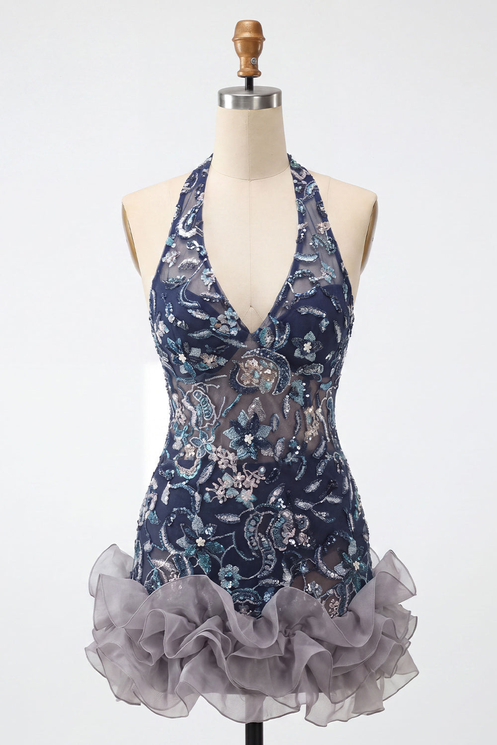 Floral Navy Sparkly Halter Beaded Short Ruffled Tight Cocktail Dress