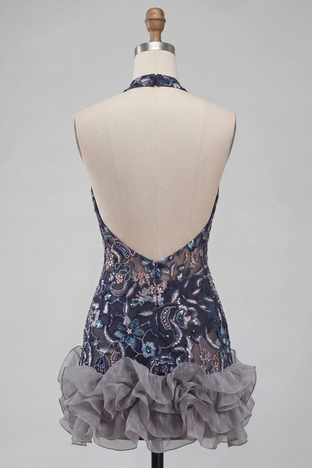 Floral Navy Sparkly Halter Beaded Short Ruffled Tight Cocktail Dress
